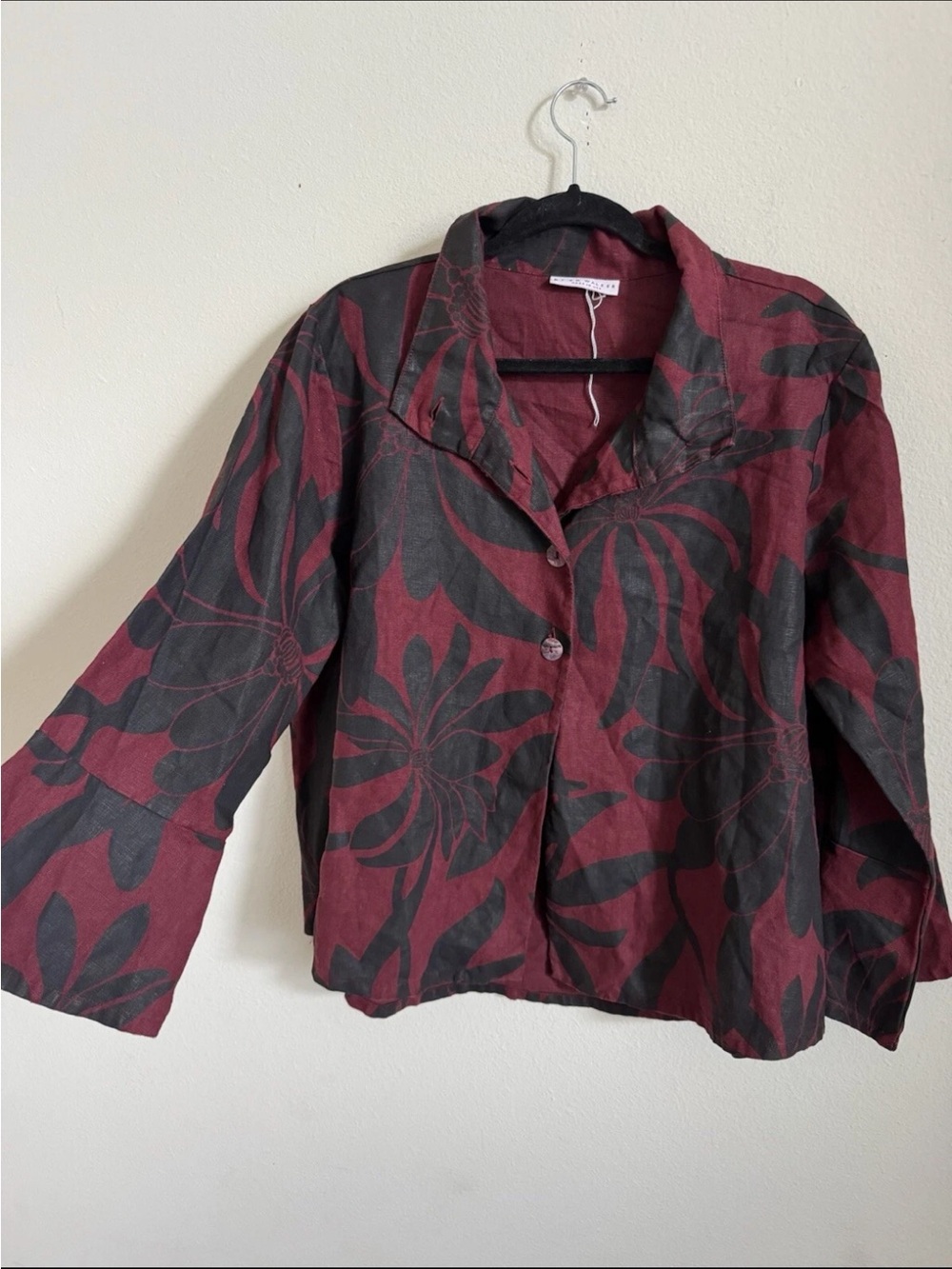 Bryn Walker Linen Summer Red Black Tropical Lagenlook Oversized Jacket Size S